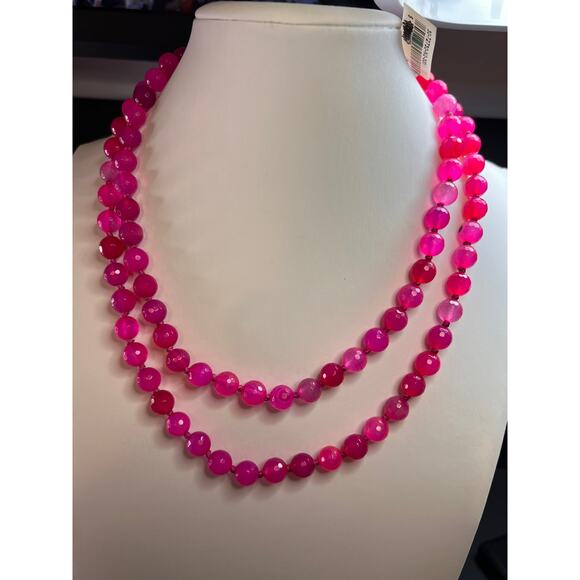 NEW fuchsia pink agate 36 inch knotted bead necklace with sterling silver clasp - Picture 2 of 13